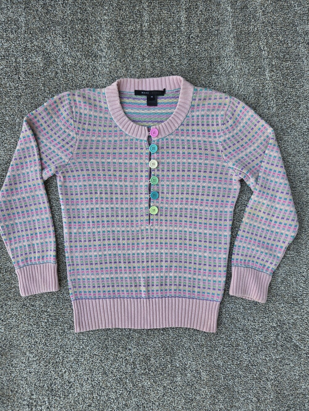 Vintage Marc Jacobs Pastel Plaid Knit Rainbow Henley Sweater Shirt Size Medium